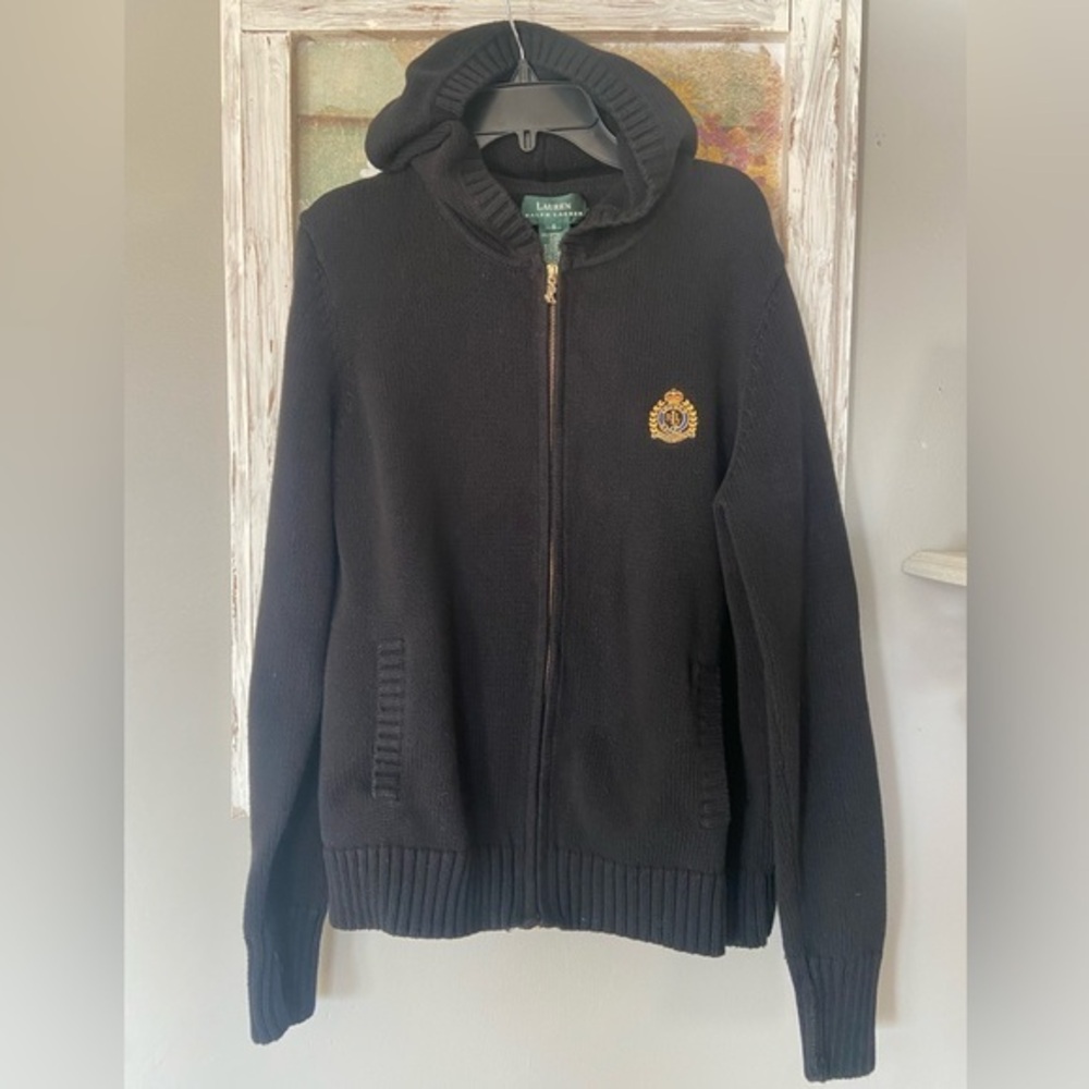 Ralph Lauren Double RL Black Hooded Zip Sweater with Gold Crest